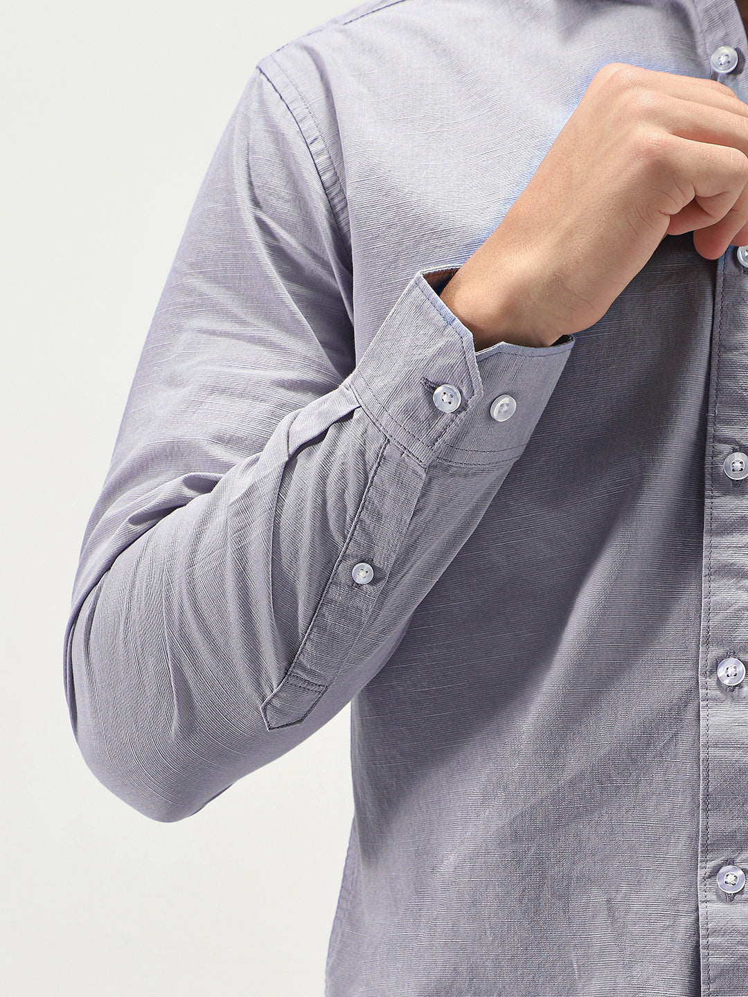 Men's Lavender Cotton Full Sleeve Regular Fit Casual Solid Slub Shirt with Spread Collar