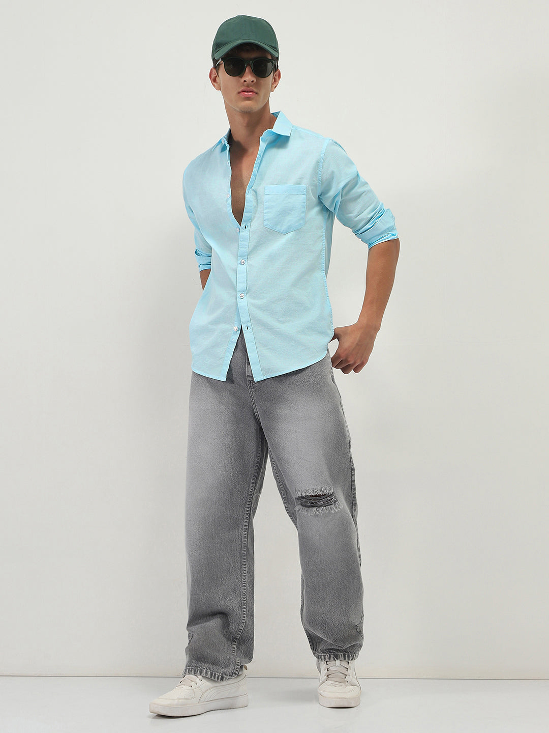 Men's Light Blue Cotton Full Sleeve Regular Fit Casual Solid Slub Shirt with Spread Collar