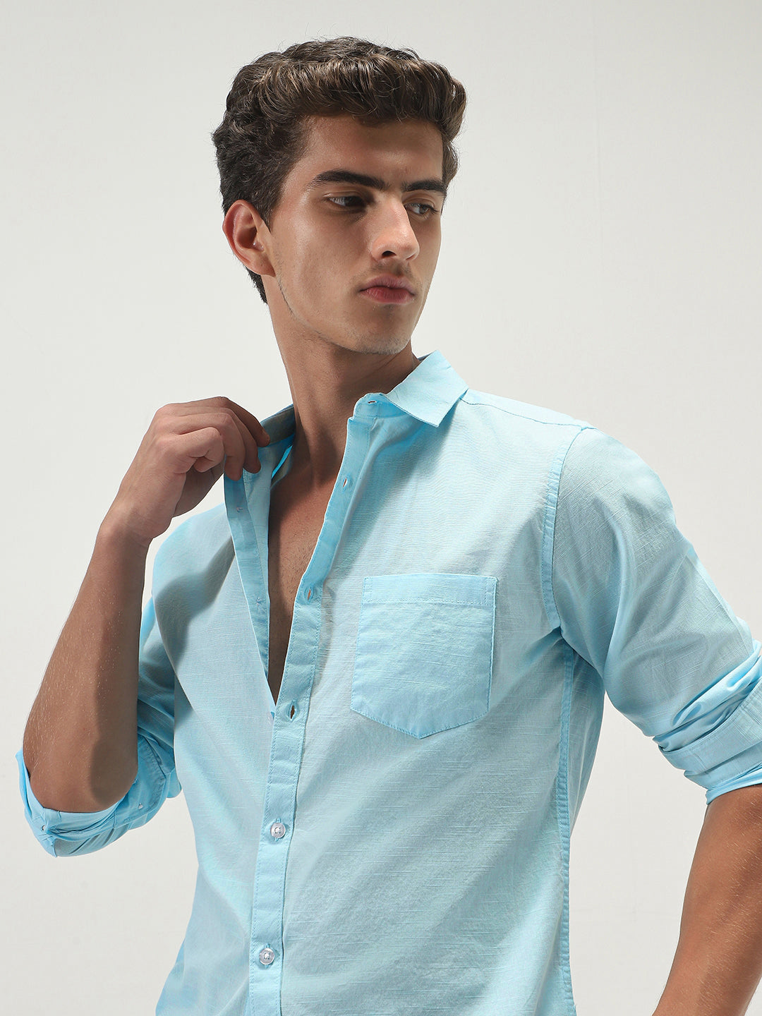 Men's Light Blue Cotton Full Sleeve Regular Fit Casual Solid Slub Shirt with Spread Collar