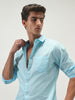 Men's Light Blue Cotton Full Sleeve Regular Fit Casual Solid Slub Shirt with Spread Collar
