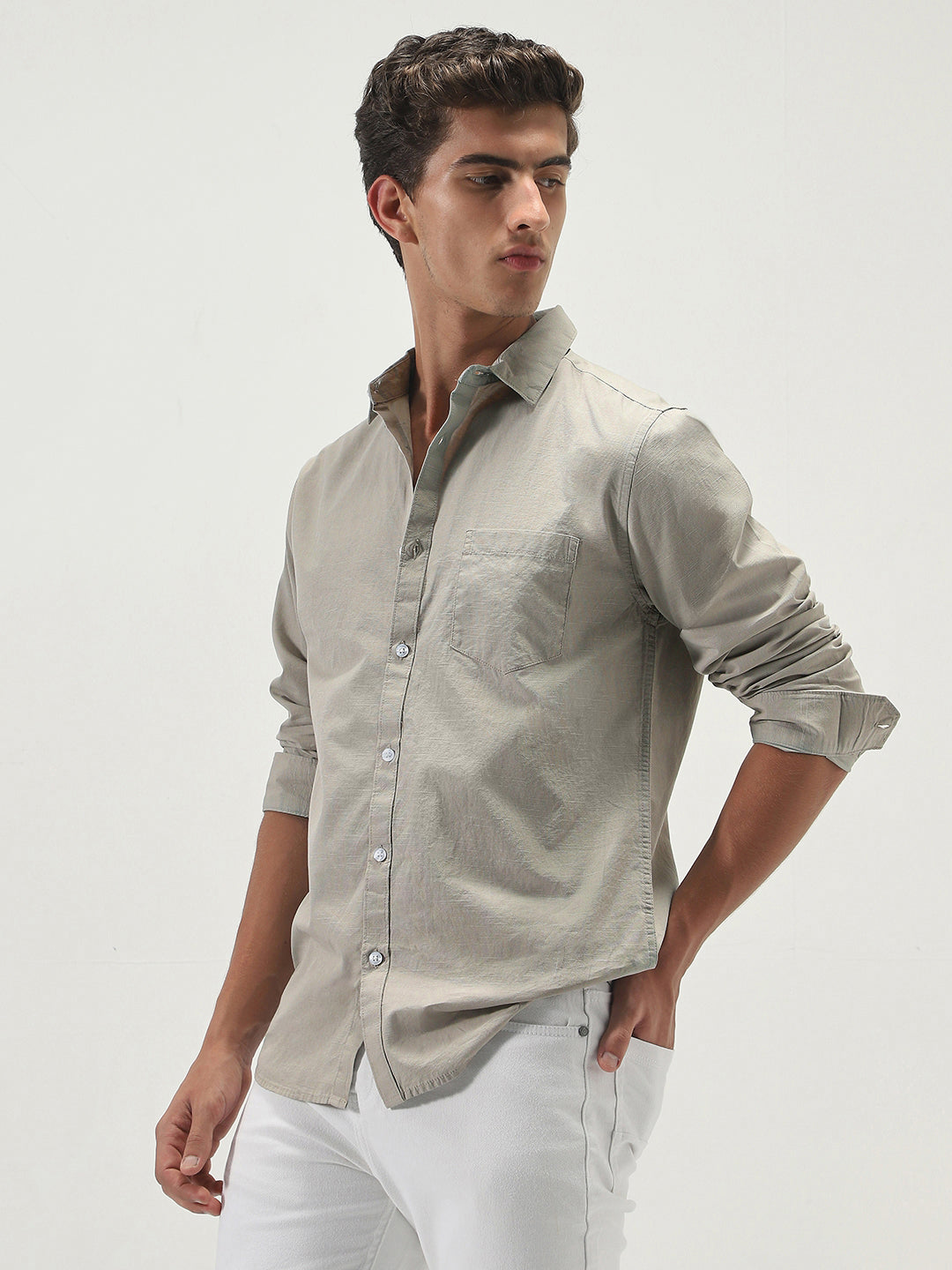 Men's Light Olive Cotton Full Sleeve Regular Fit Casual Solid Slub Shirt with Spread Collar