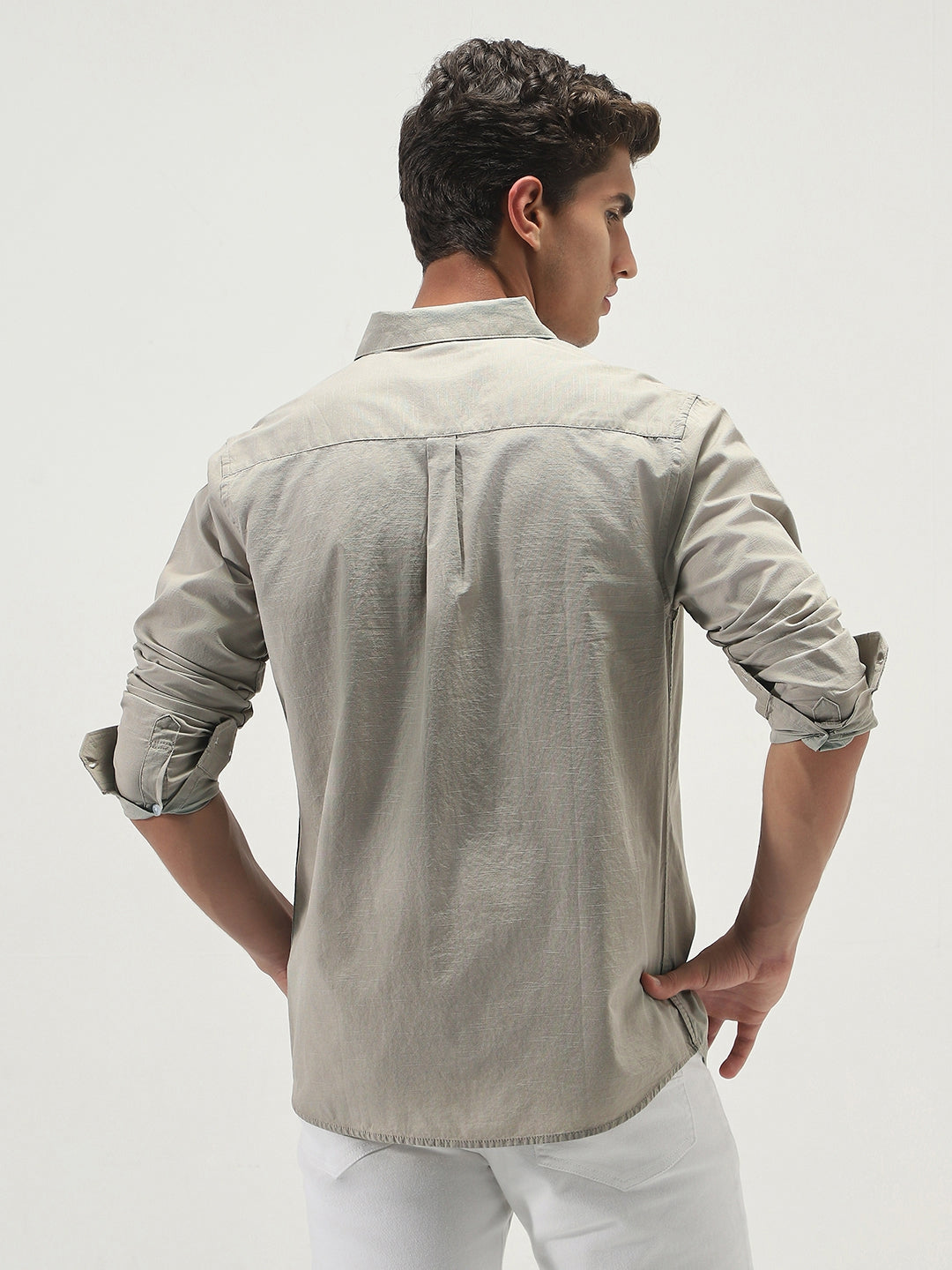 Men's Light Olive Cotton Full Sleeve Regular Fit Casual Solid Slub Shirt with Spread Collar