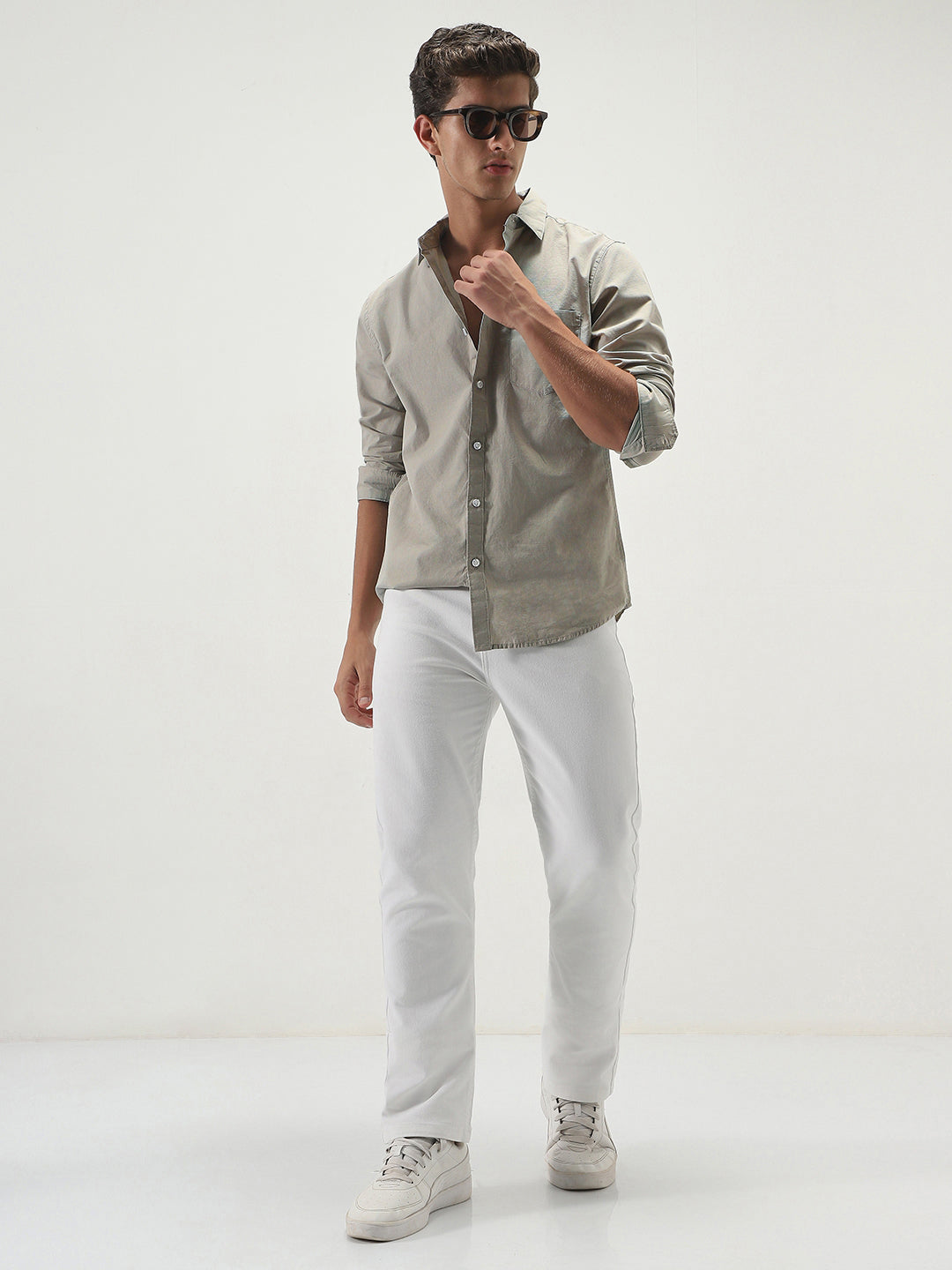 Men's Light Olive Cotton Full Sleeve Regular Fit Casual Solid Slub Shirt with Spread Collar