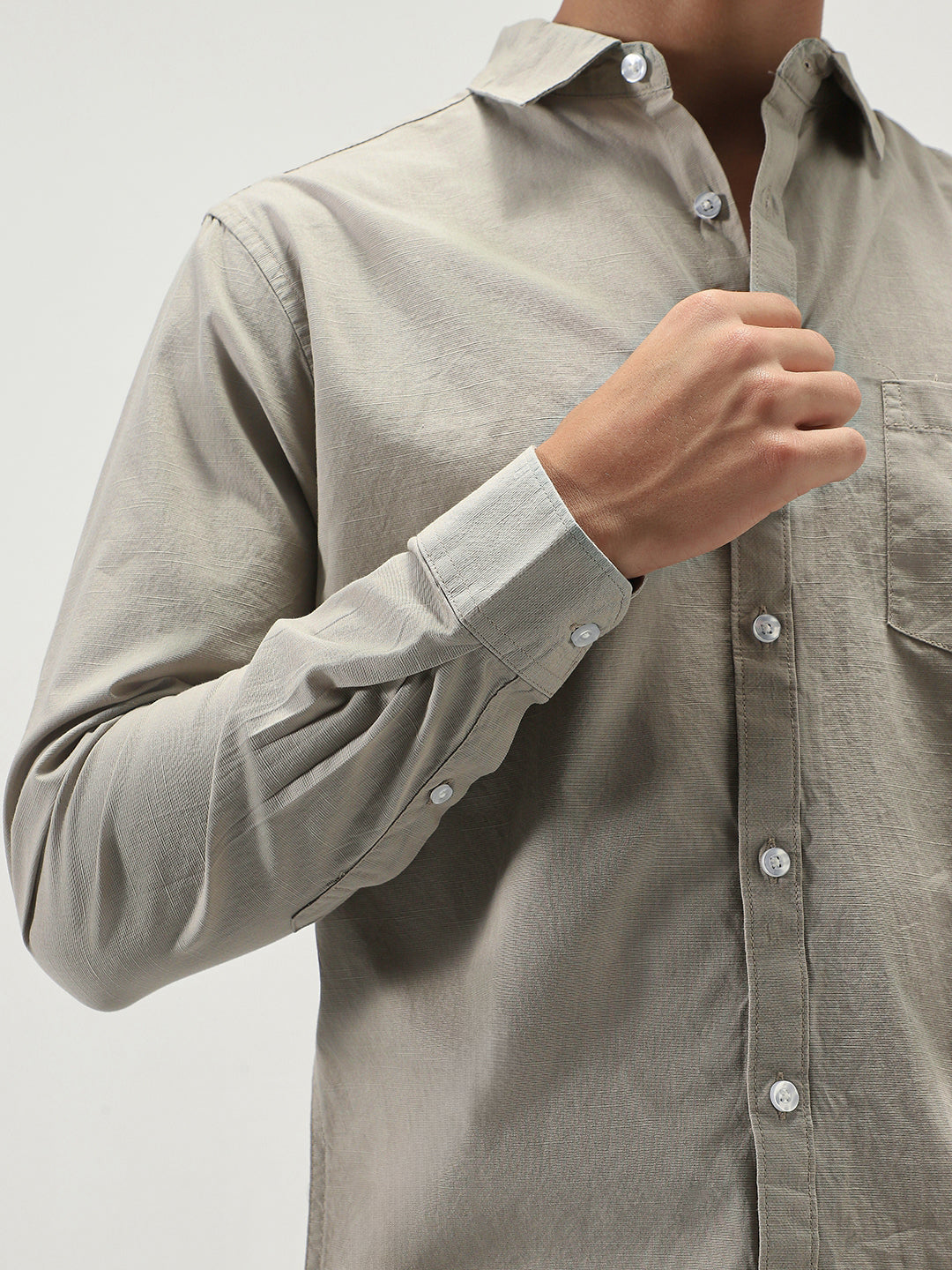 Men's Light Olive Cotton Full Sleeve Regular Fit Casual Solid Slub Shirt with Spread Collar