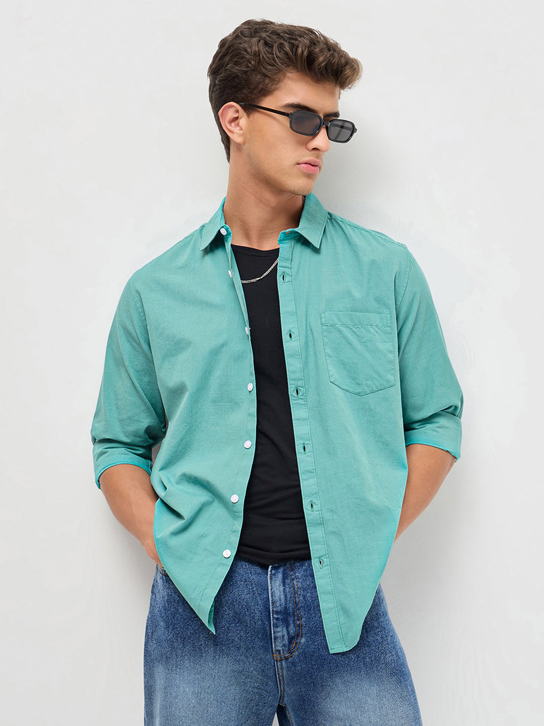Men's Light Teal Cotton Full Sleeve Regular Fit Casual Solid Slub Shirt with Spread Collar