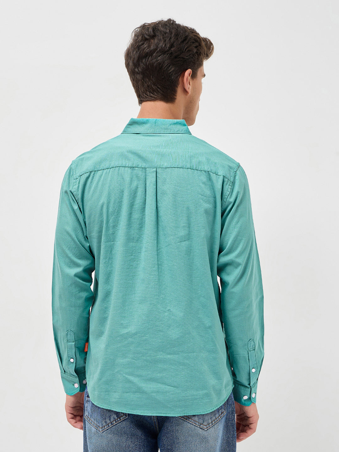 Men's Light Teal Cotton Full Sleeve Regular Fit Casual Solid Slub Shirt with Spread Collar
