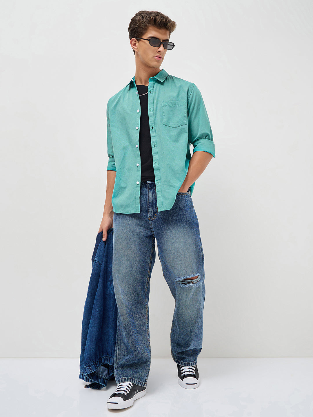 Men's Light Teal Cotton Full Sleeve Regular Fit Casual Solid Slub Shirt with Spread Collar