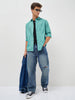 Men's Light Teal Cotton Full Sleeve Regular Fit Casual Solid Slub Shirt with Spread Collar
