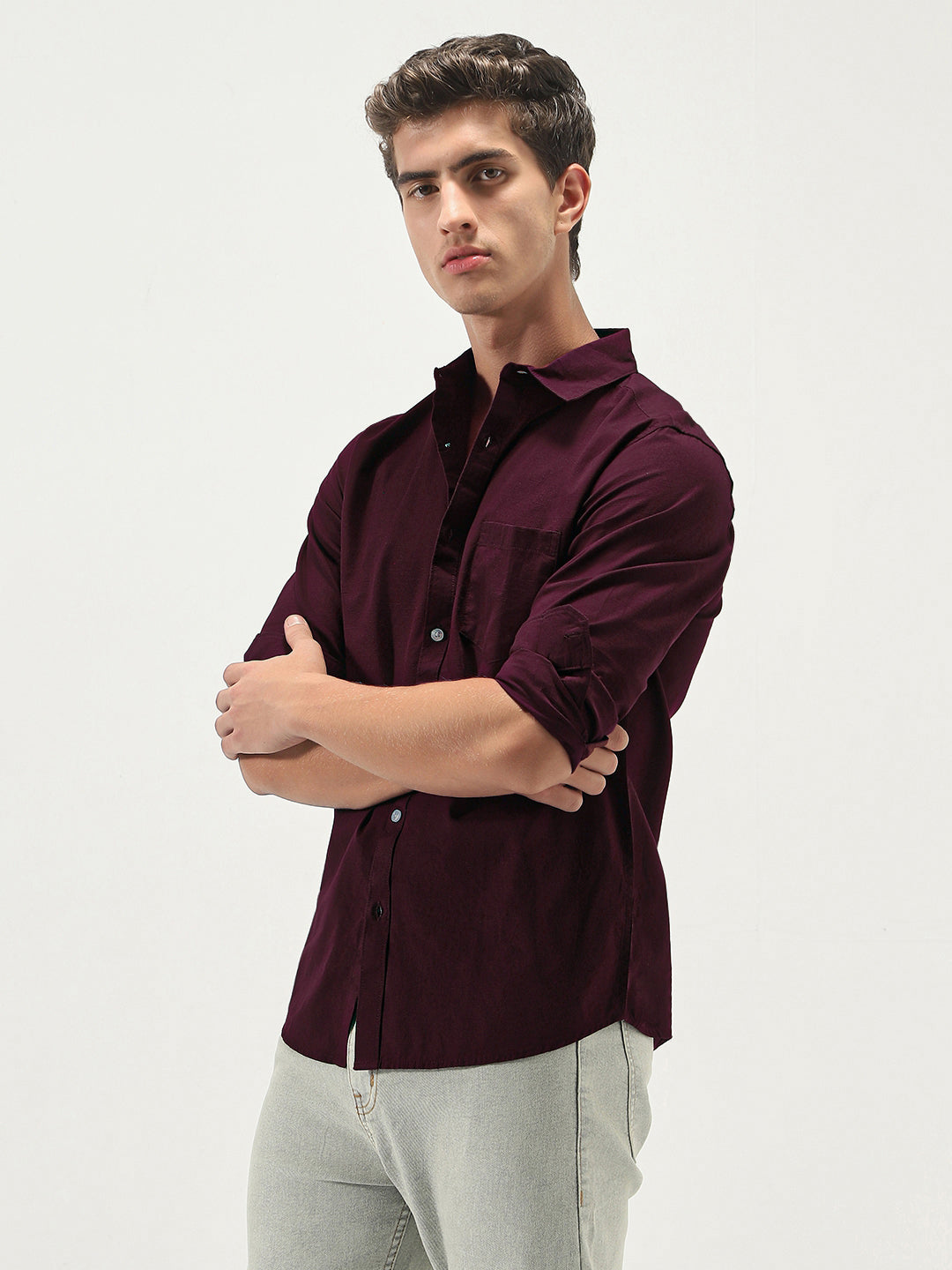 Men's Maroon Cotton Full Sleeve Regular Fit Casual Solid Slub Shirt with Spread Collar
