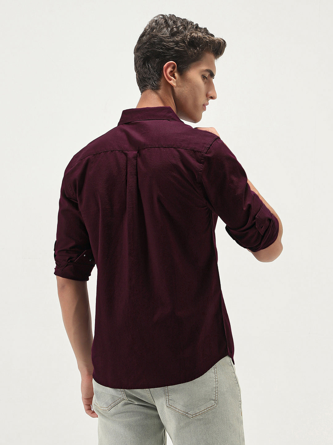Men's Maroon Cotton Full Sleeve Regular Fit Casual Solid Slub Shirt with Spread Collar
