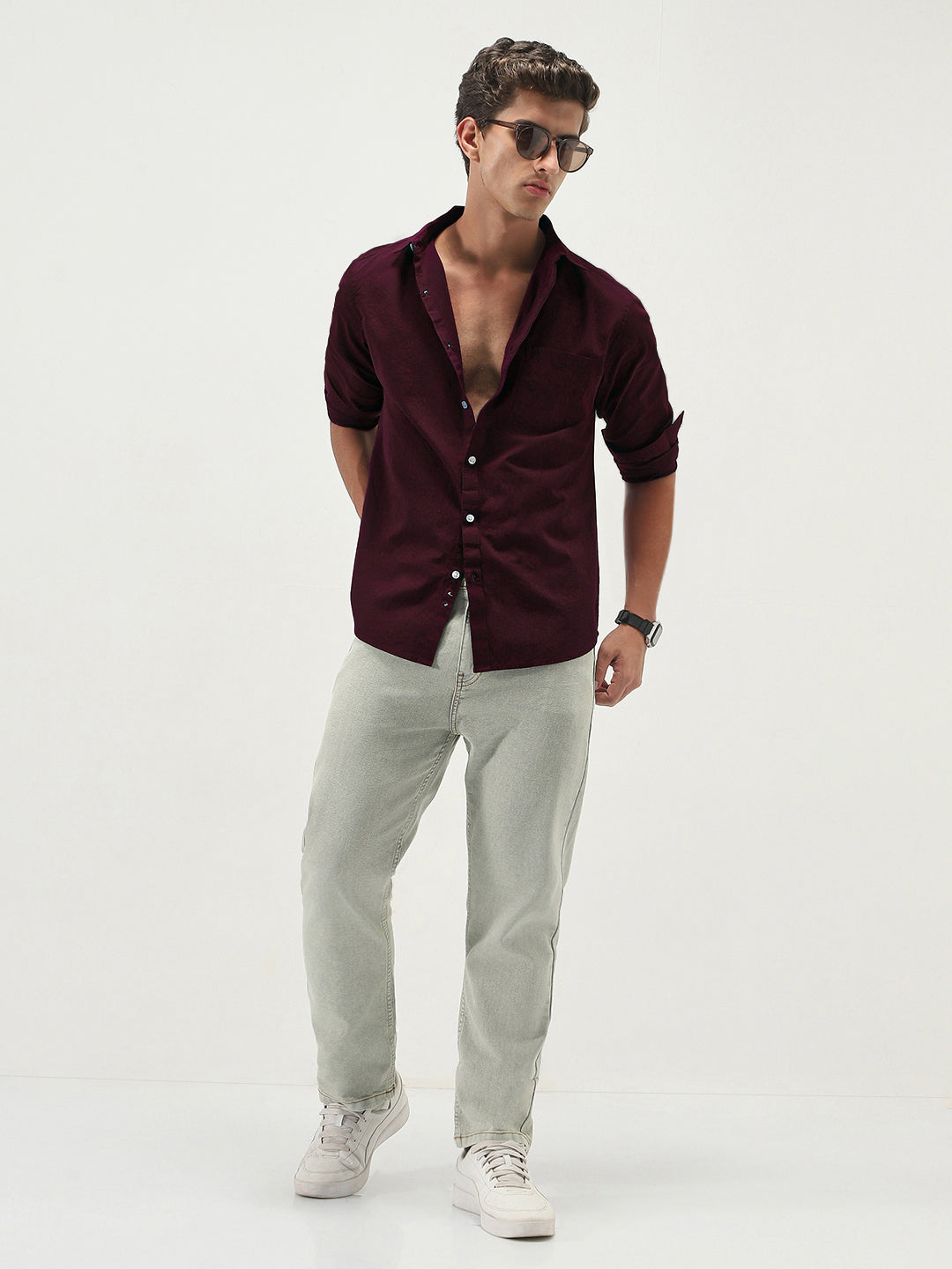 Men's Maroon Cotton Full Sleeve Regular Fit Casual Solid Slub Shirt with Spread Collar