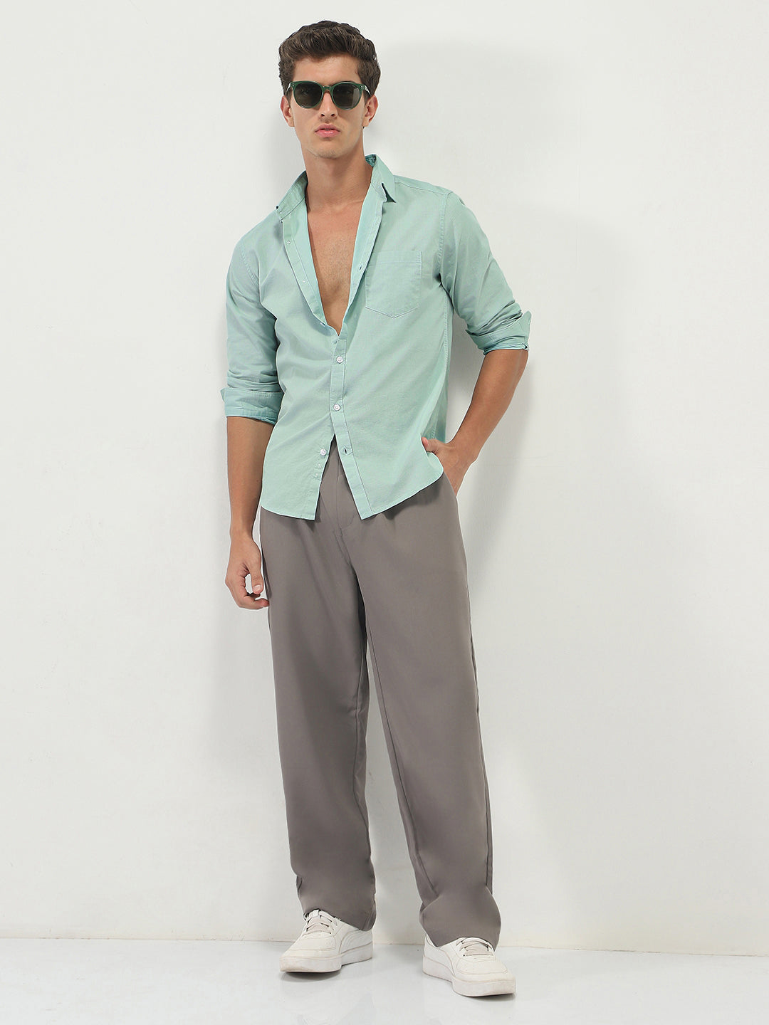 Men's Mint Cotton Full Sleeve Regular Fit Casual Solid Slub Shirt with Spread Collar