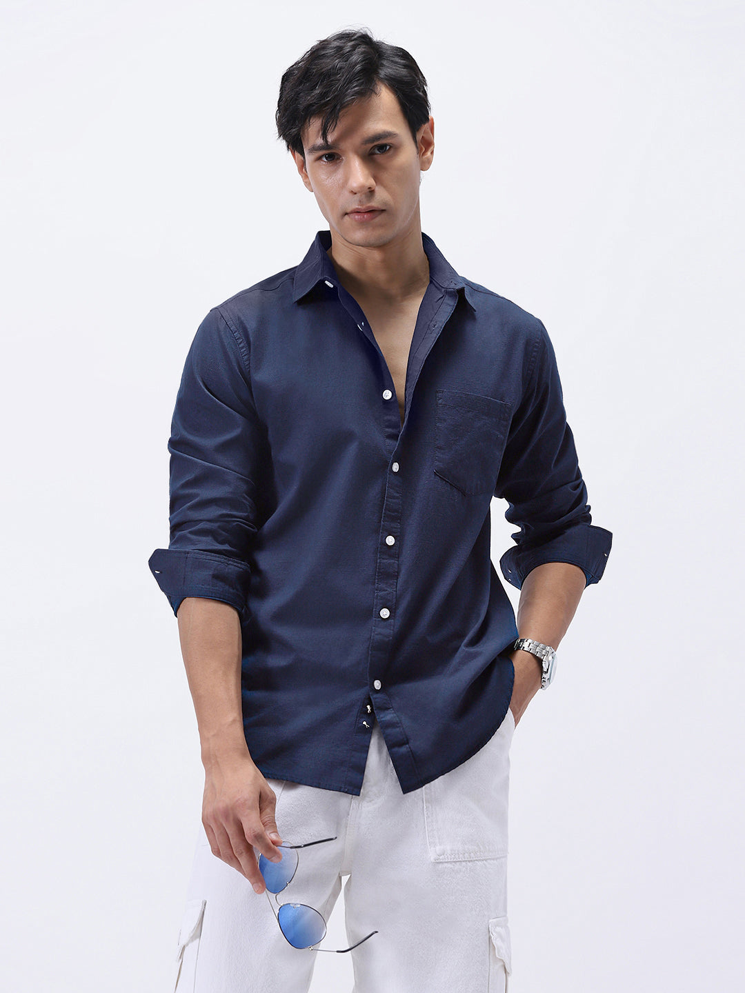 Men's Navy Cotton Full Sleeve Regular Fit Casual Solid Slub Shirt with Spread Collar