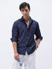 Men's Navy Cotton Full Sleeve Regular Fit Casual Solid Slub Shirt with Spread Collar