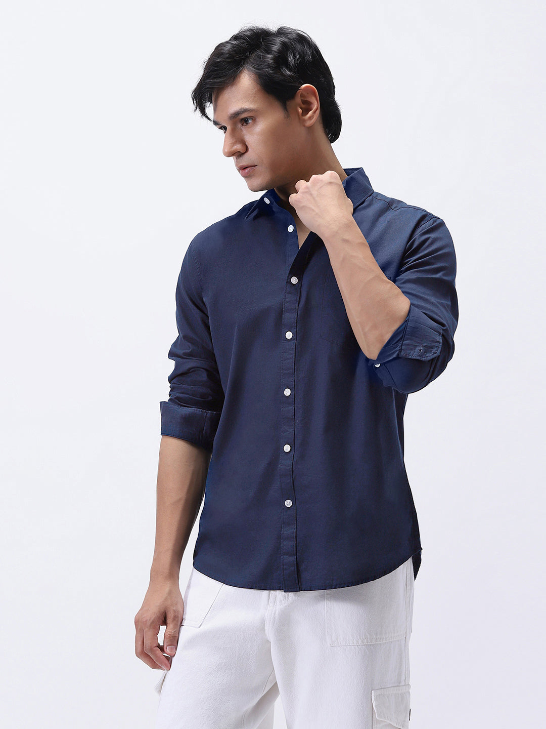 Men's Navy Cotton Full Sleeve Regular Fit Casual Solid Slub Shirt with Spread Collar