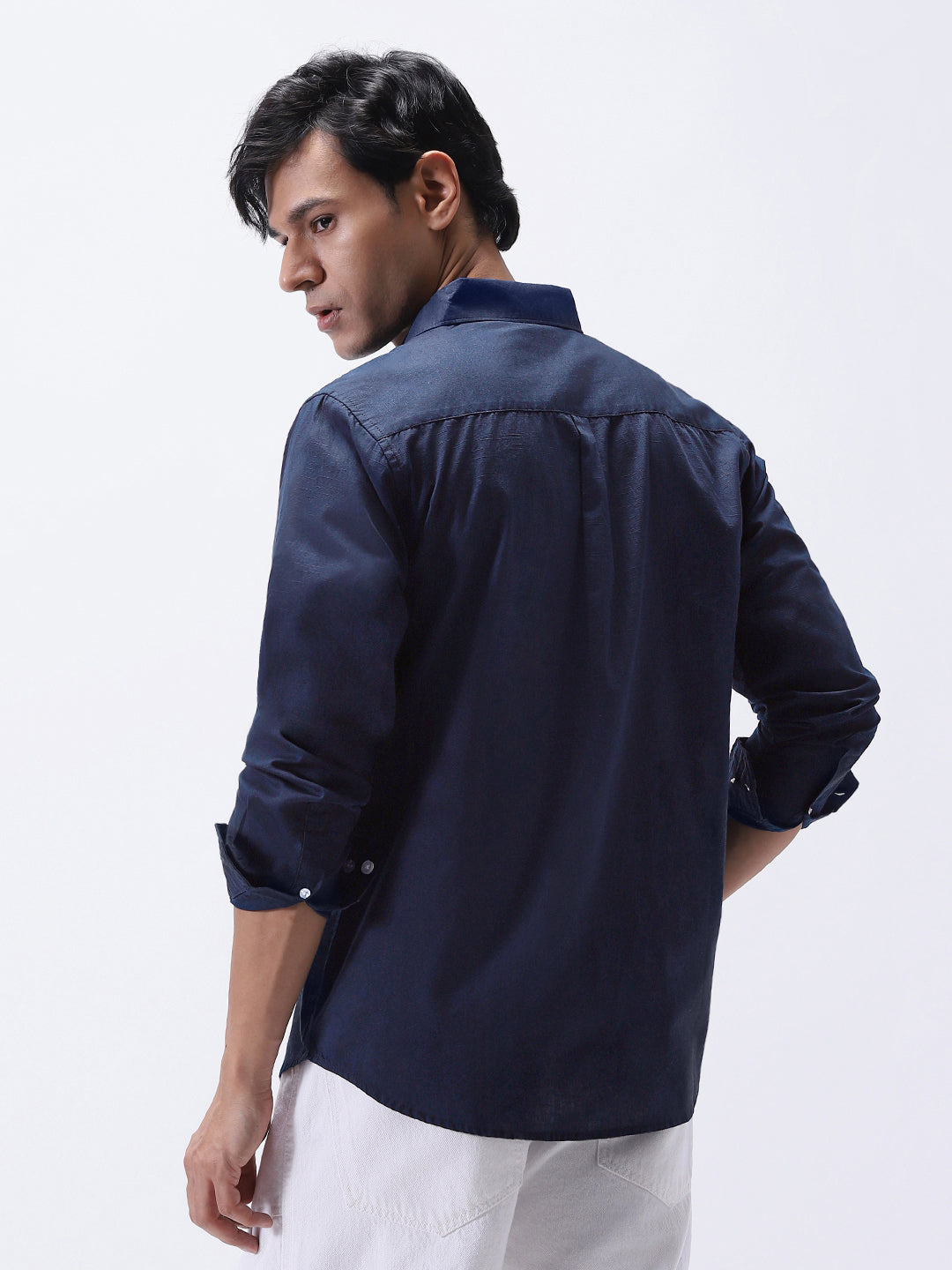 Men's Navy Cotton Full Sleeve Regular Fit Casual Solid Slub Shirt with Spread Collar