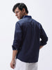 Men's Navy Cotton Full Sleeve Regular Fit Casual Solid Slub Shirt with Spread Collar