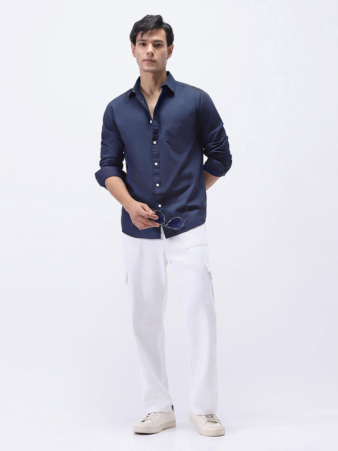 Men's Navy Cotton Full Sleeve Regular Fit Casual Solid Slub Shirt with Spread Collar