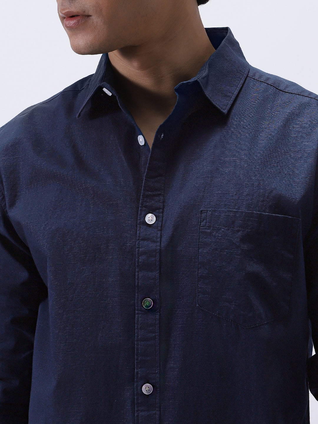 Men's Navy Cotton Full Sleeve Regular Fit Casual Solid Slub Shirt with Spread Collar