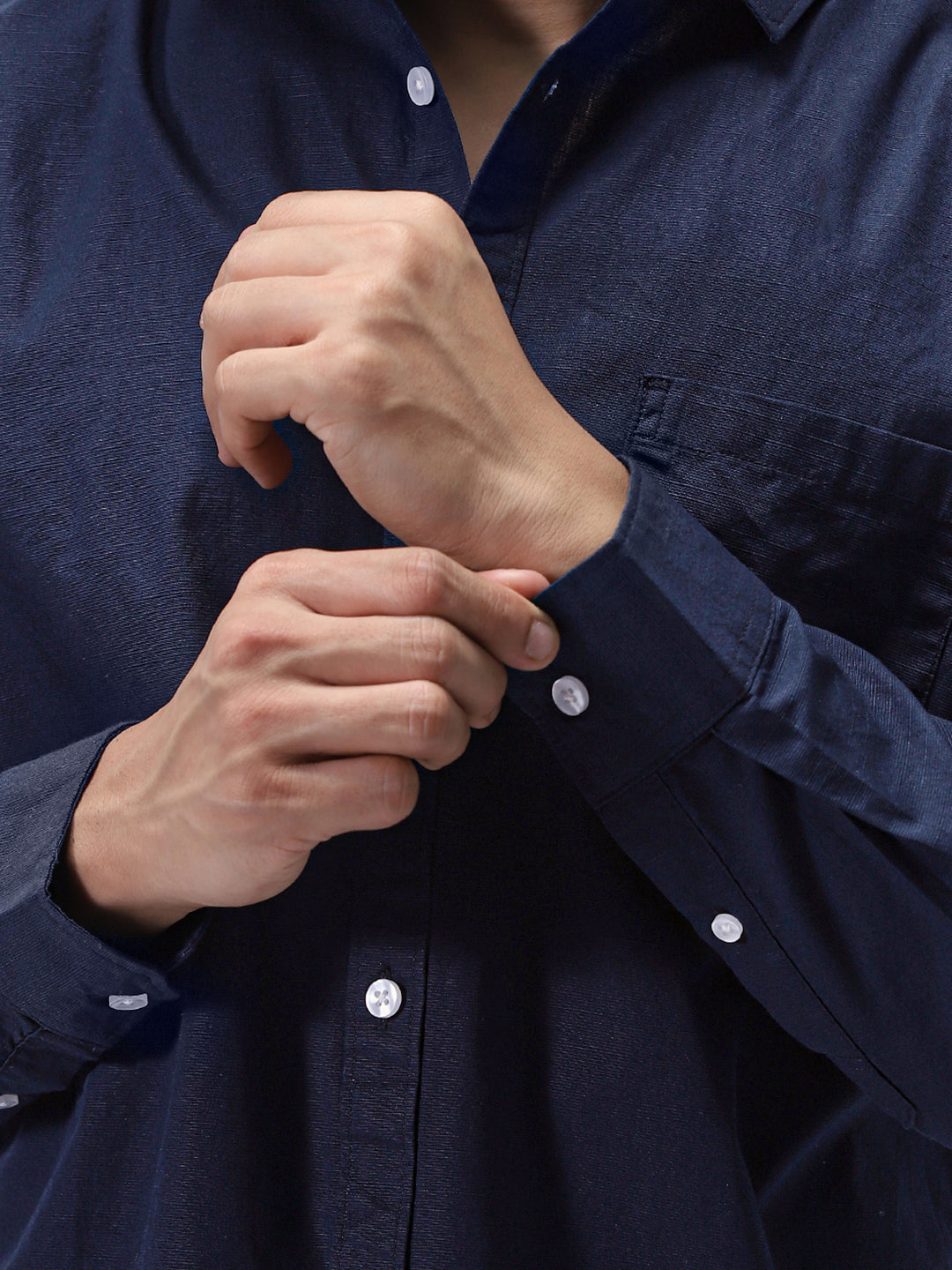 Men's Navy Cotton Full Sleeve Regular Fit Casual Solid Slub Shirt with Spread Collar