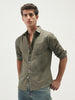 Men's Olive Cotton Full Sleeve Regular Fit Casual Solid Slub Shirt with Spread Collar