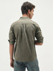 Men's Olive Cotton Full Sleeve Regular Fit Casual Solid Slub Shirt with Spread Collar