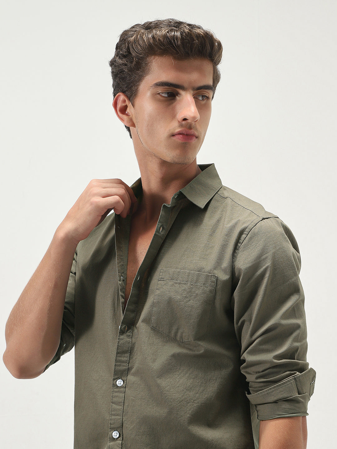 Men's Olive Cotton Full Sleeve Regular Fit Casual Solid Slub Shirt with Spread Collar