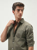 Men's Olive Cotton Full Sleeve Regular Fit Casual Solid Slub Shirt with Spread Collar