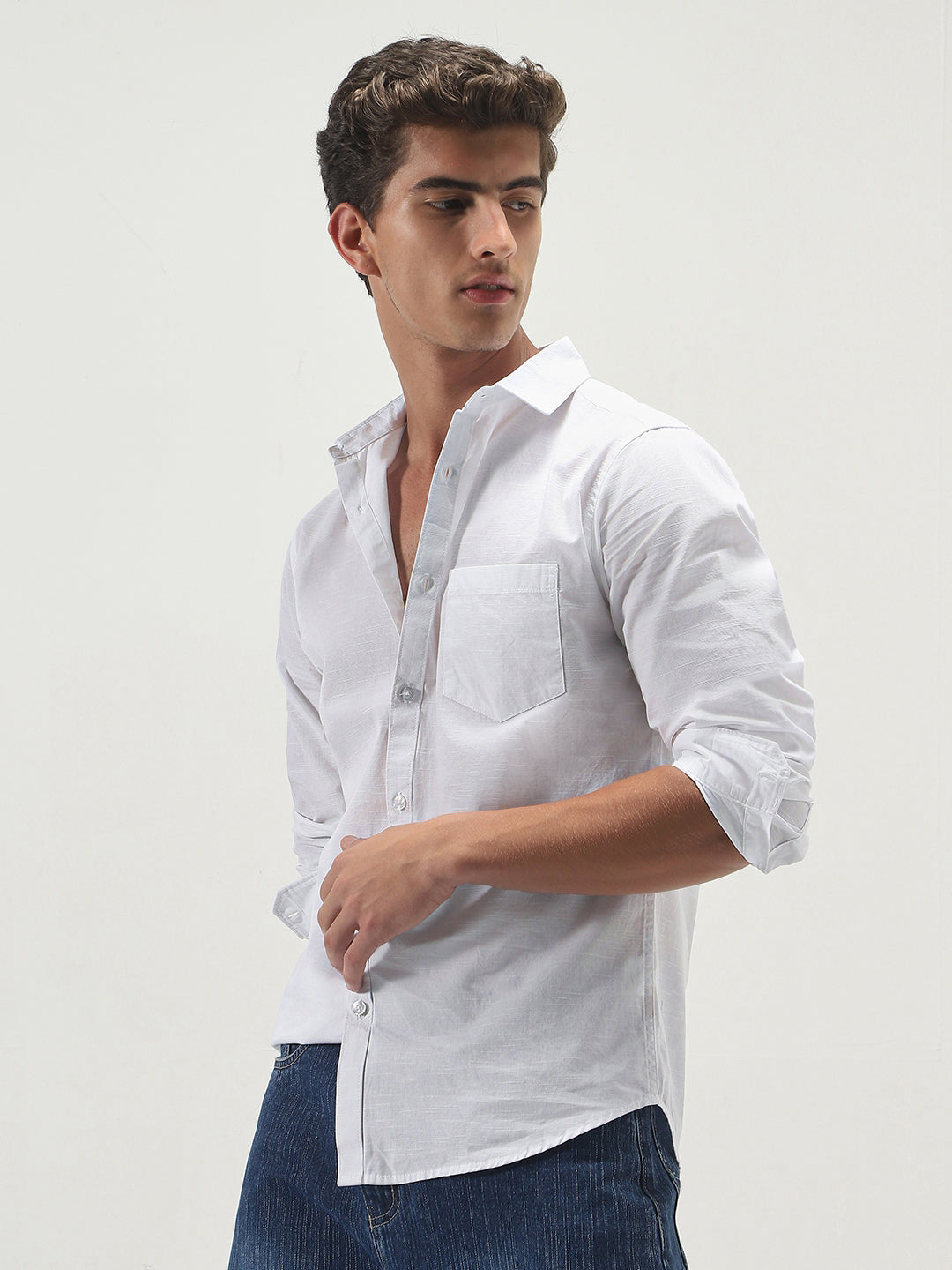 Men's White Cotton Full Sleeve Regular Fit Casual Solid Slub Shirt with Spread Collar