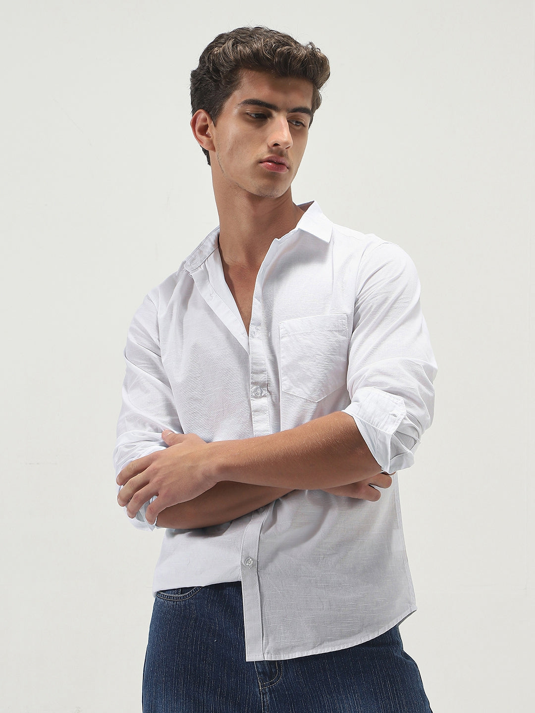 Men's White Cotton Full Sleeve Regular Fit Casual Solid Slub Shirt with Spread Collar