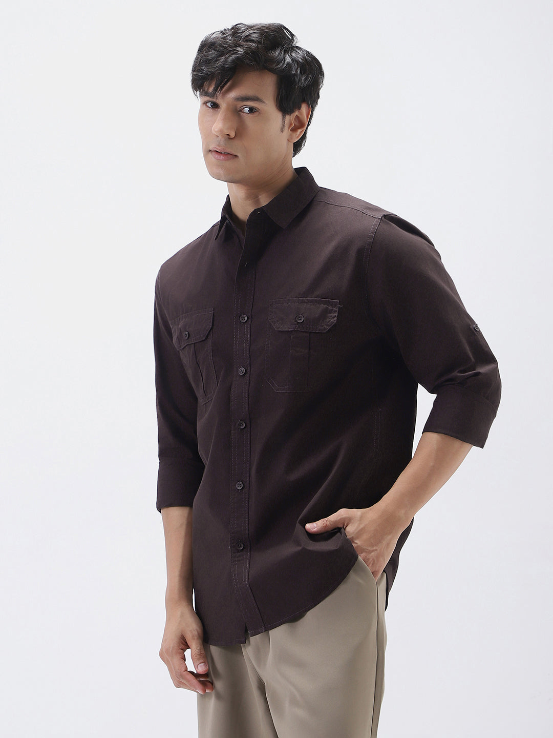 Men's Cocoa Cotton Full Sleeve Regular Fit Casual Solid Shirt