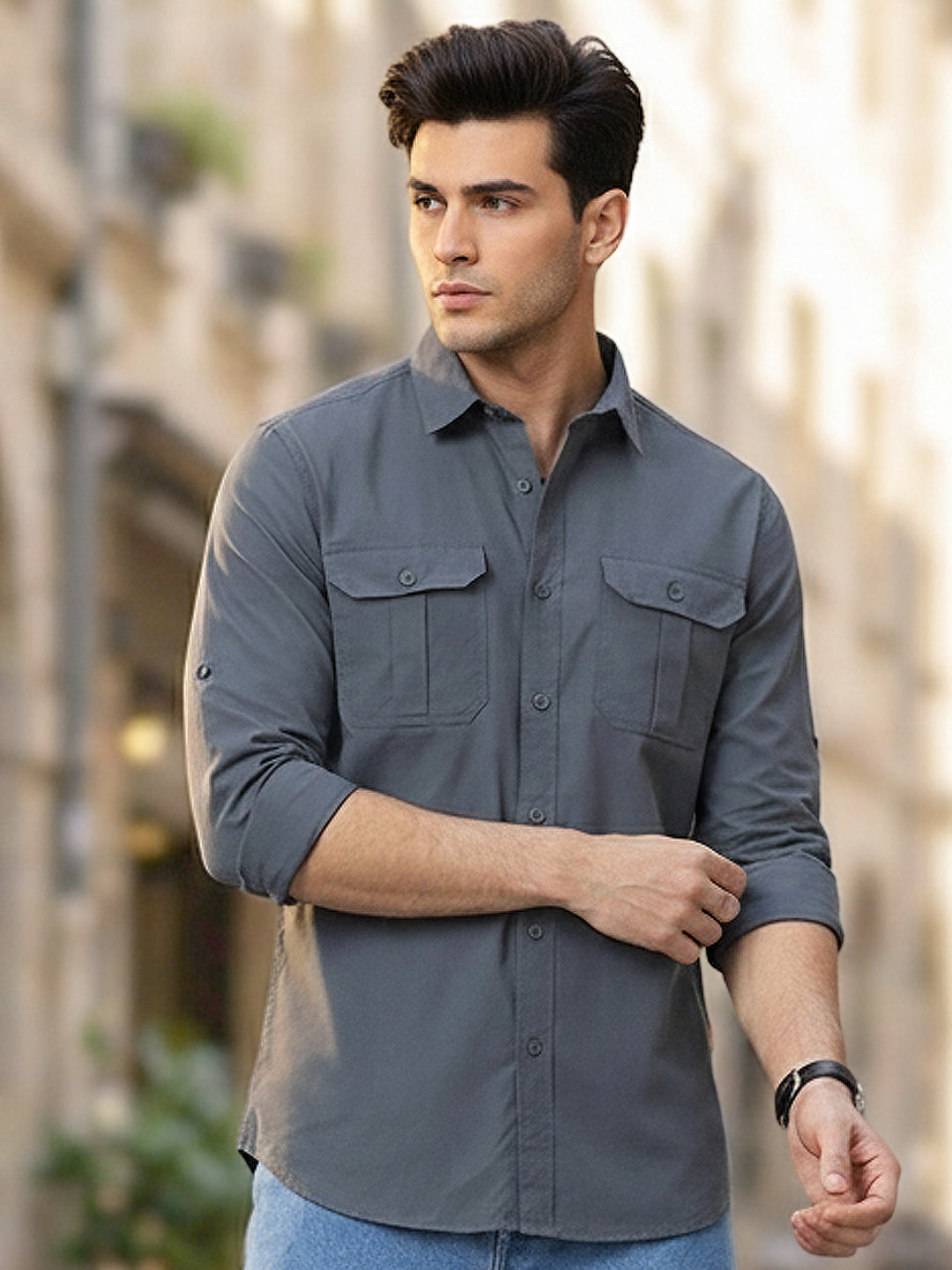 Men's Dark Grey Cotton Full Sleeve Regular Fit Casual Solid Shirt