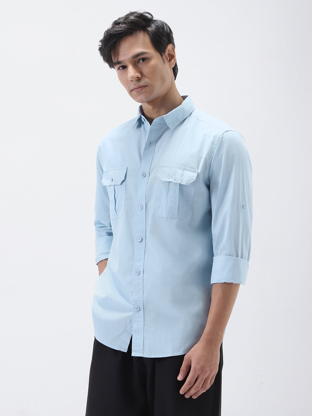 Men's Light Blue Cotton Full Sleeve Regular Fit Casual Solid Shirt
