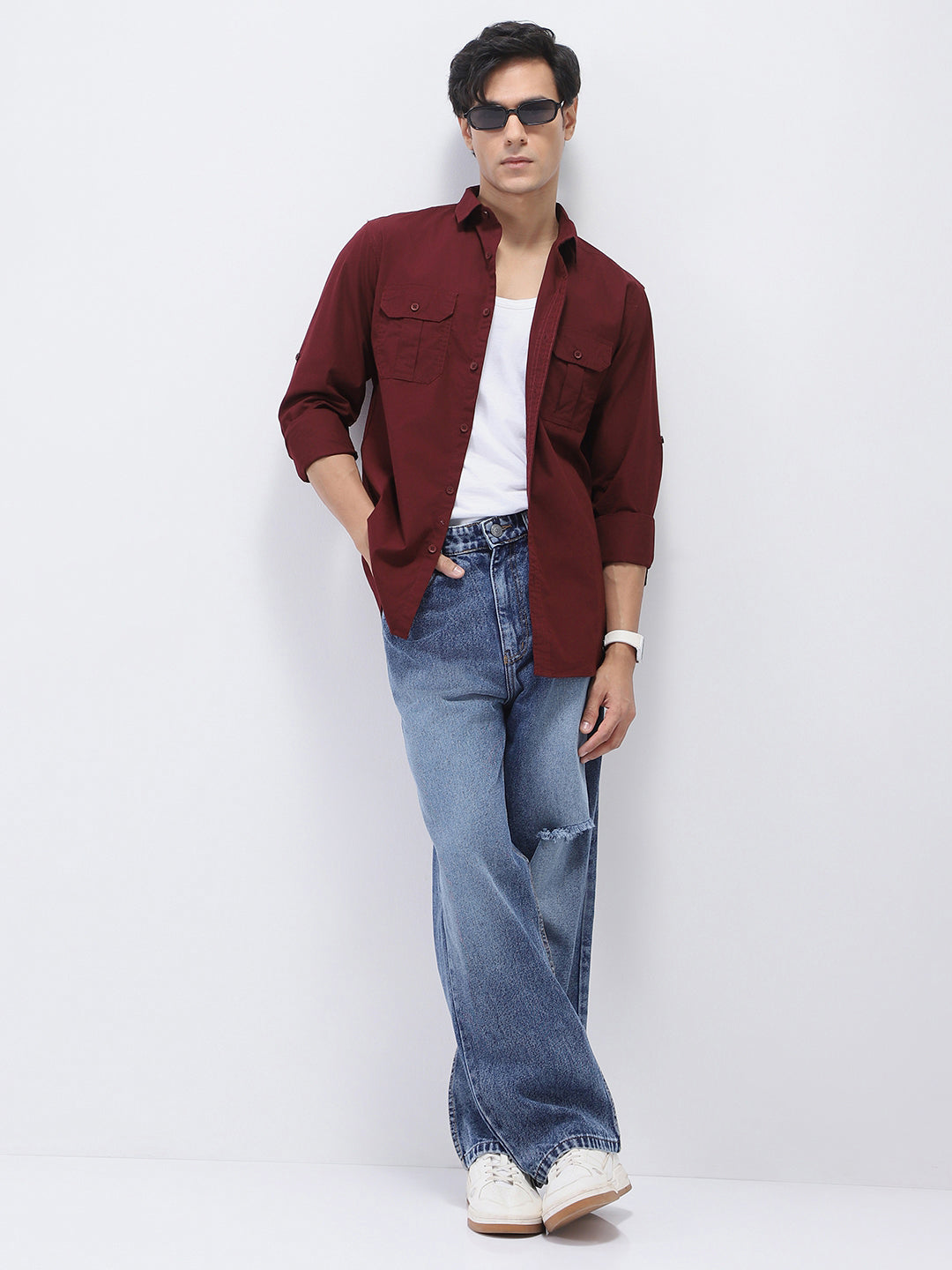 Men's Maroon Cotton Full Sleeve Regular Fit Casual Solid Shirt