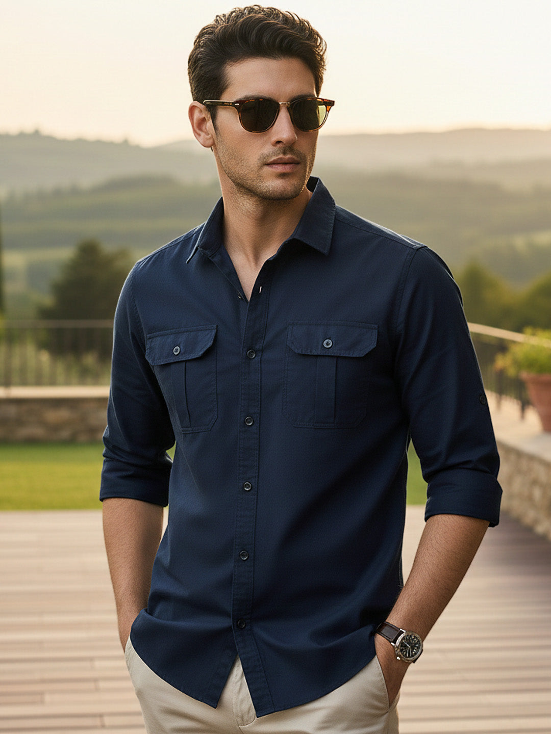 Men's Navy Cotton Full Sleeve Regular Fit Casual Solid Shirt