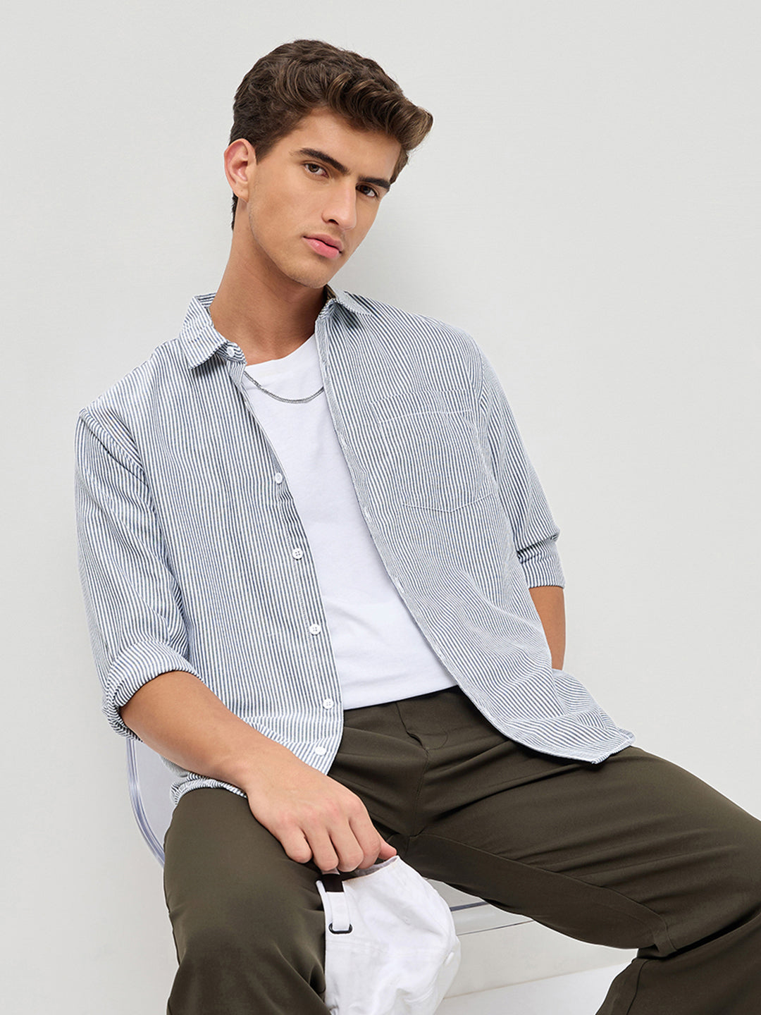 Men's Dark Blue Cotton Full Sleeve Regular Fit Casual Striped Shirt