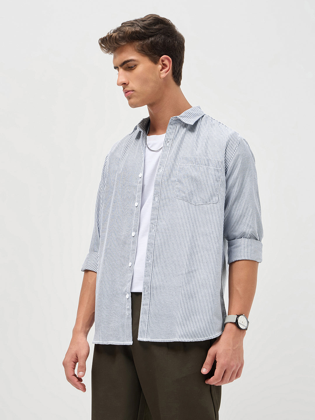 Men's Dark Blue Cotton Full Sleeve Regular Fit Casual Striped Shirt