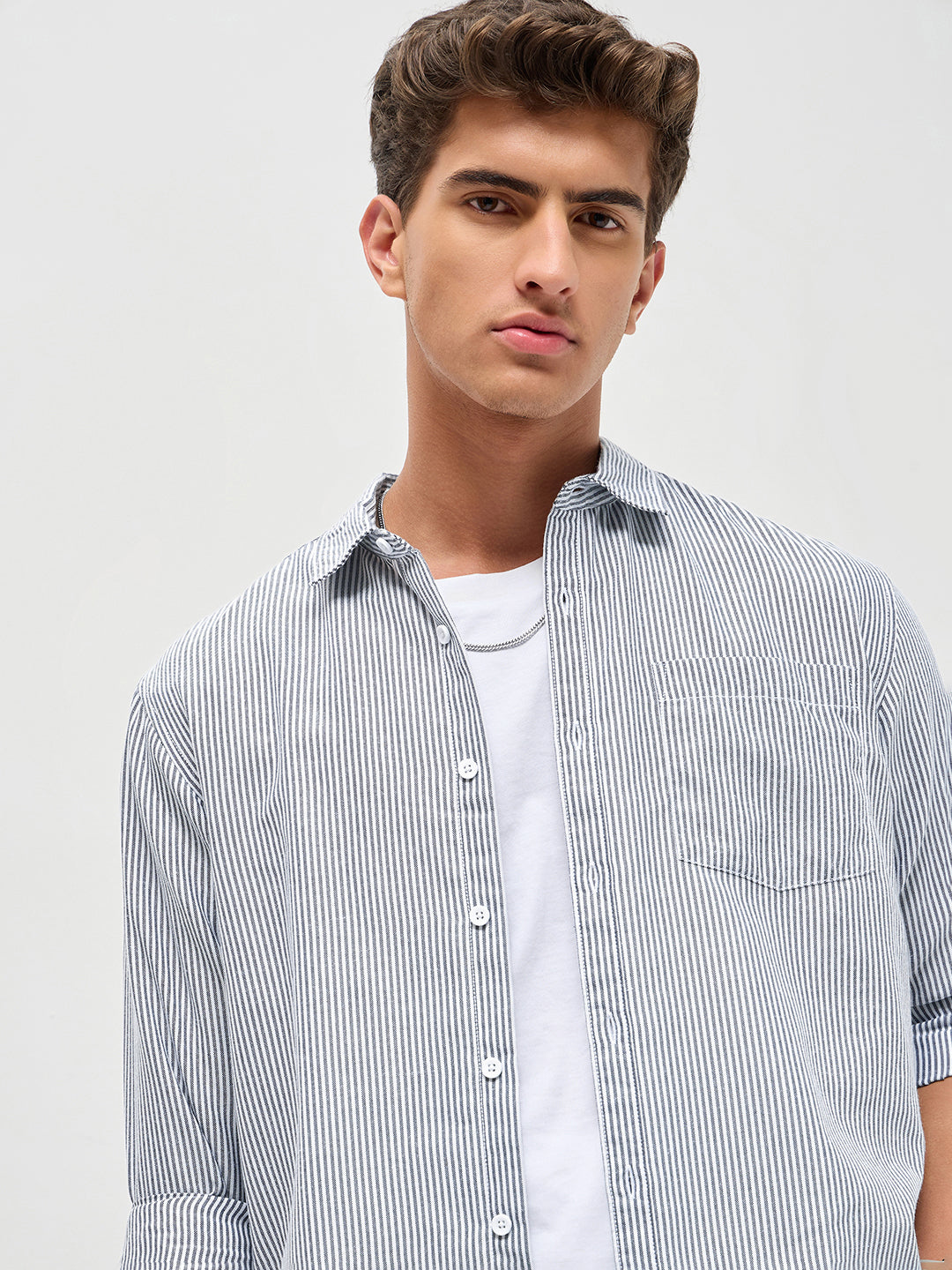 Men's Dark Blue Cotton Full Sleeve Regular Fit Casual Striped Shirt