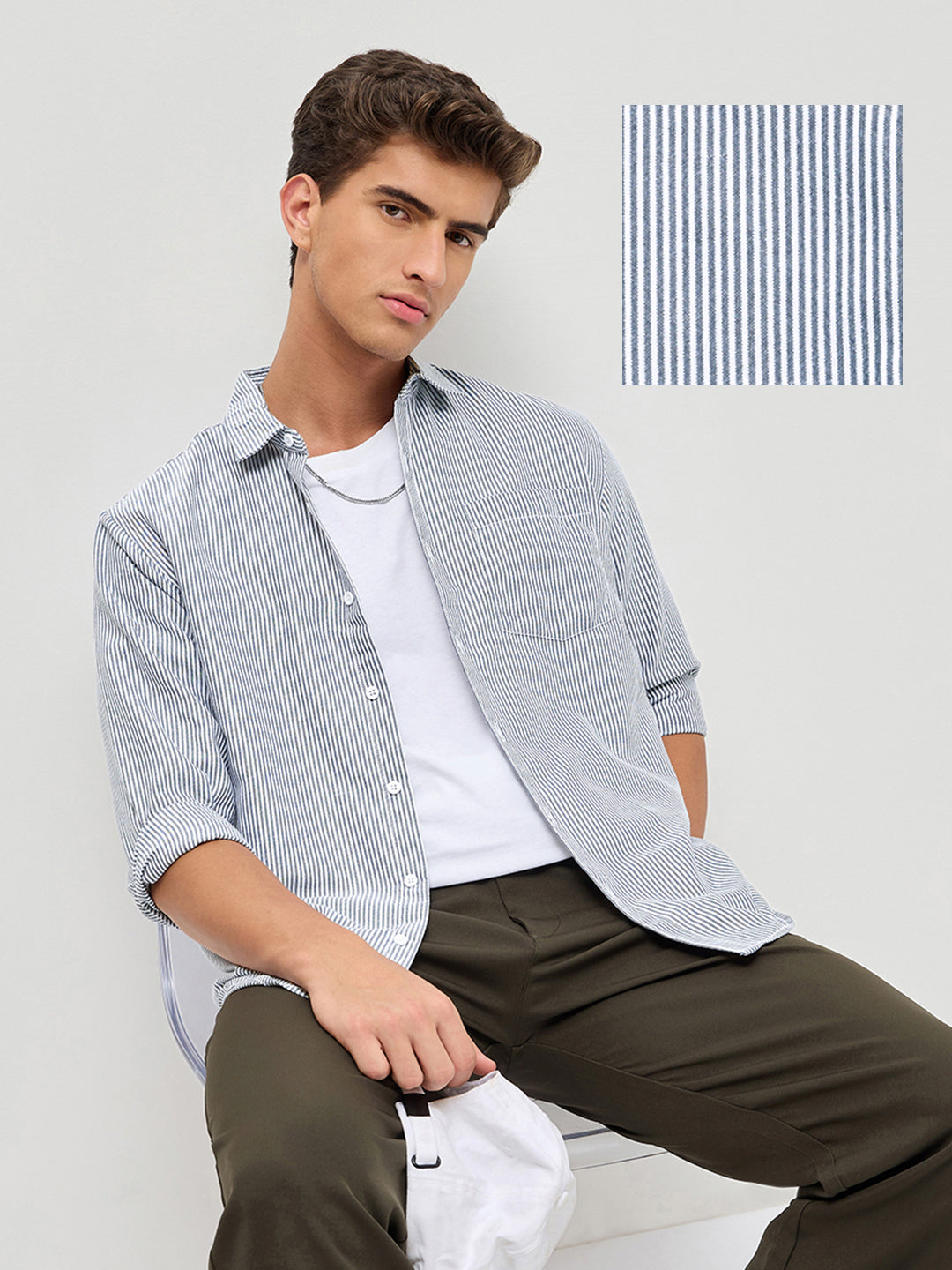 Men's Dark Blue Cotton Full Sleeve Regular Fit Casual Striped Shirt