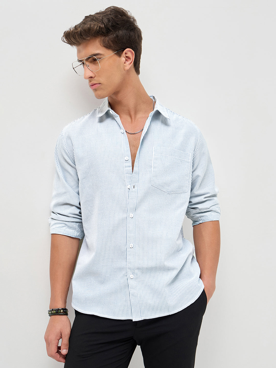 Men's Light Blue Cotton Full Sleeve Regular Fit Casual Striped Shirt