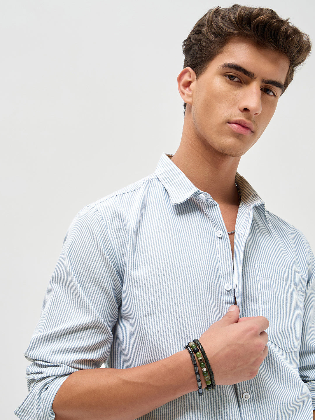 Men's Light Blue Cotton Full Sleeve Regular Fit Casual Striped Shirt