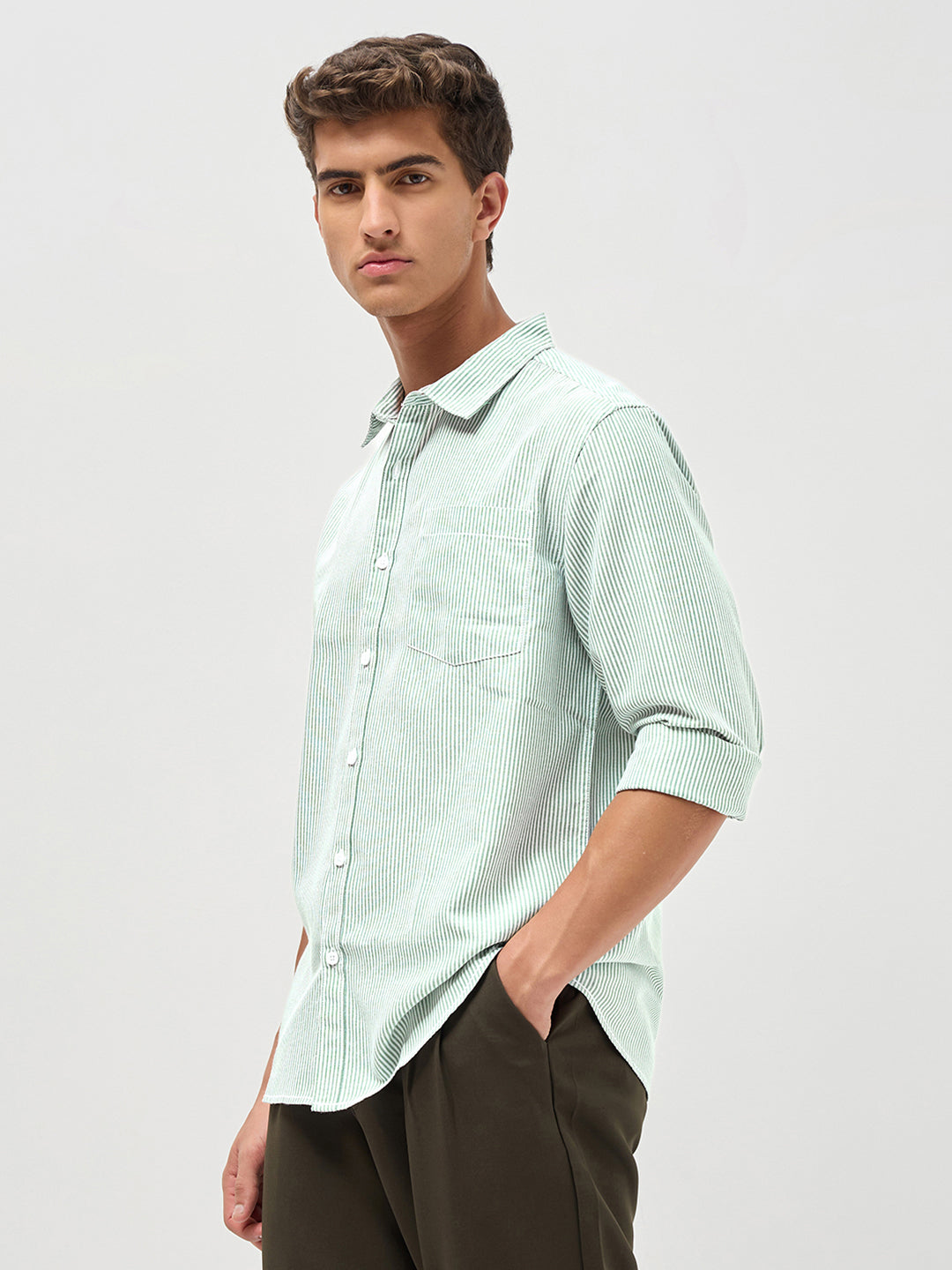 Men's Light Green Cotton Full Sleeve Regular Fit Casual Striped Shirt