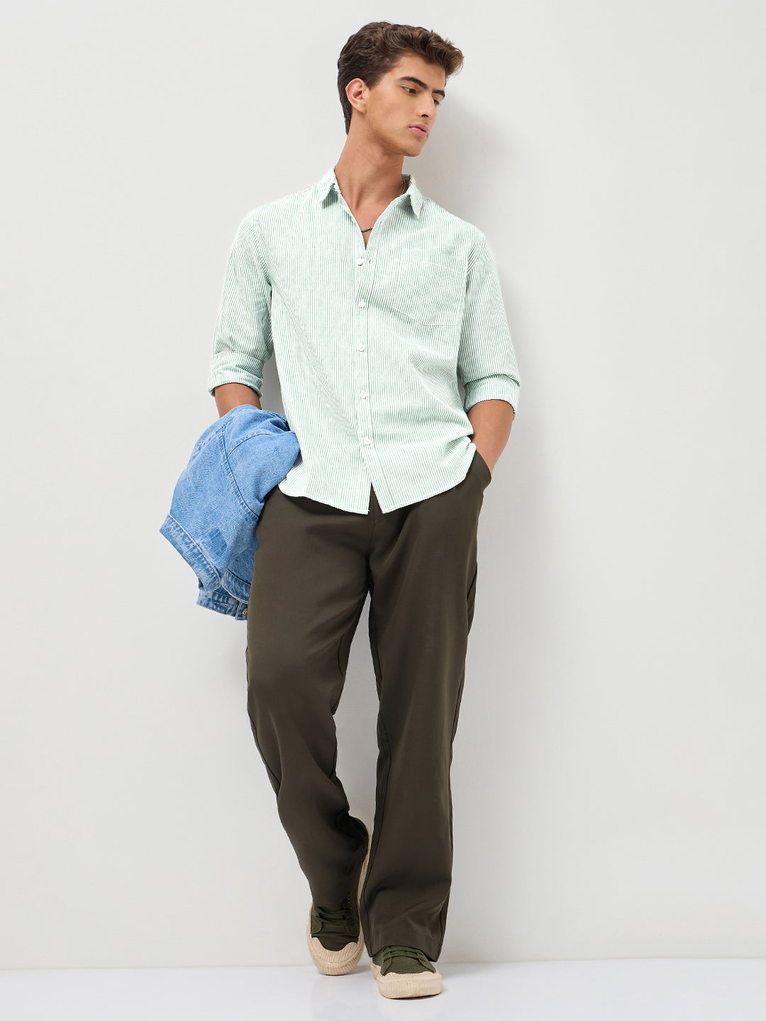 Men's Light Green Cotton Full Sleeve Regular Fit Casual Striped Shirt