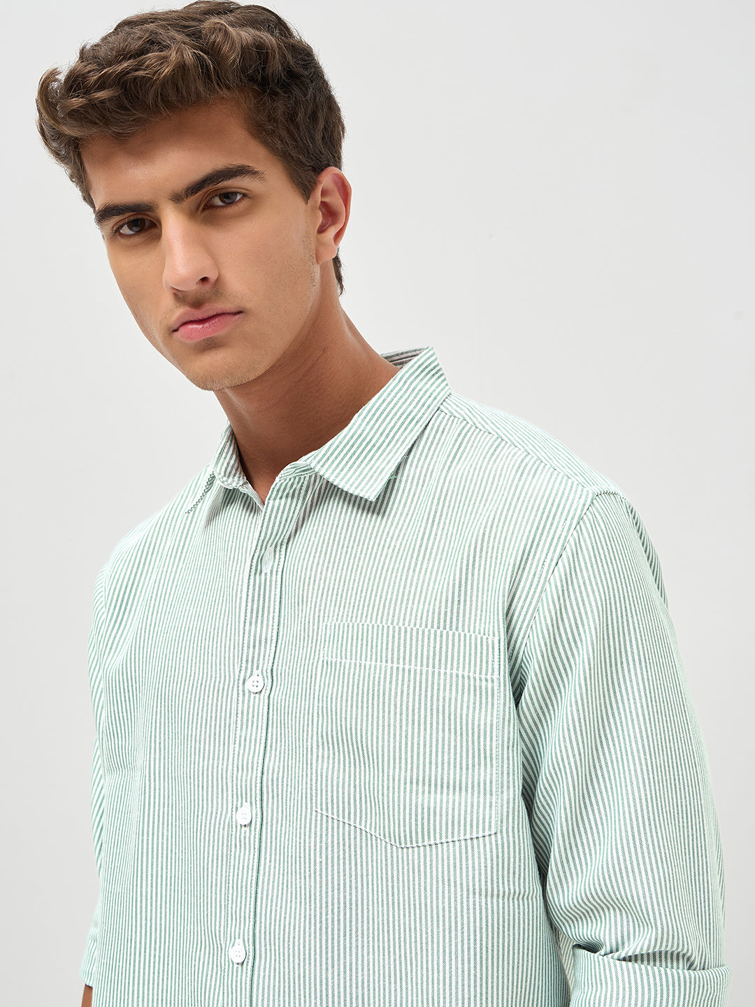 Men's Light Green Cotton Full Sleeve Regular Fit Casual Striped Shirt