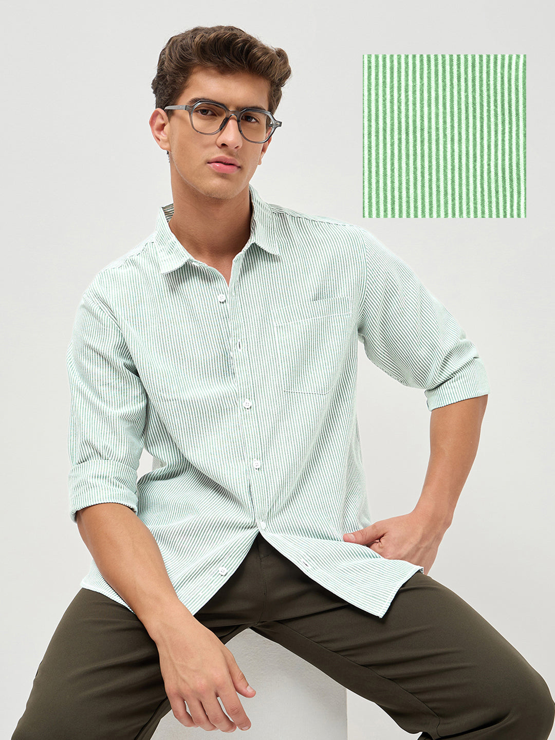 Men's Light Green Cotton Full Sleeve Regular Fit Casual Striped Shirt
