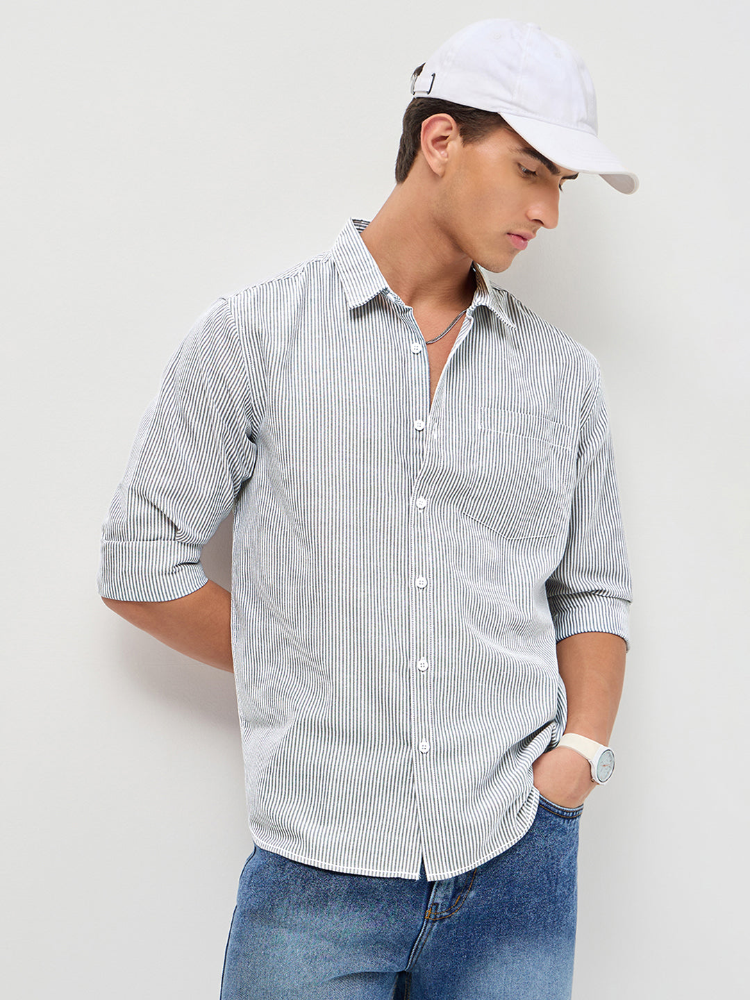 Men's Light Grey Cotton Full Sleeve Regular Fit Casual Striped Shirt