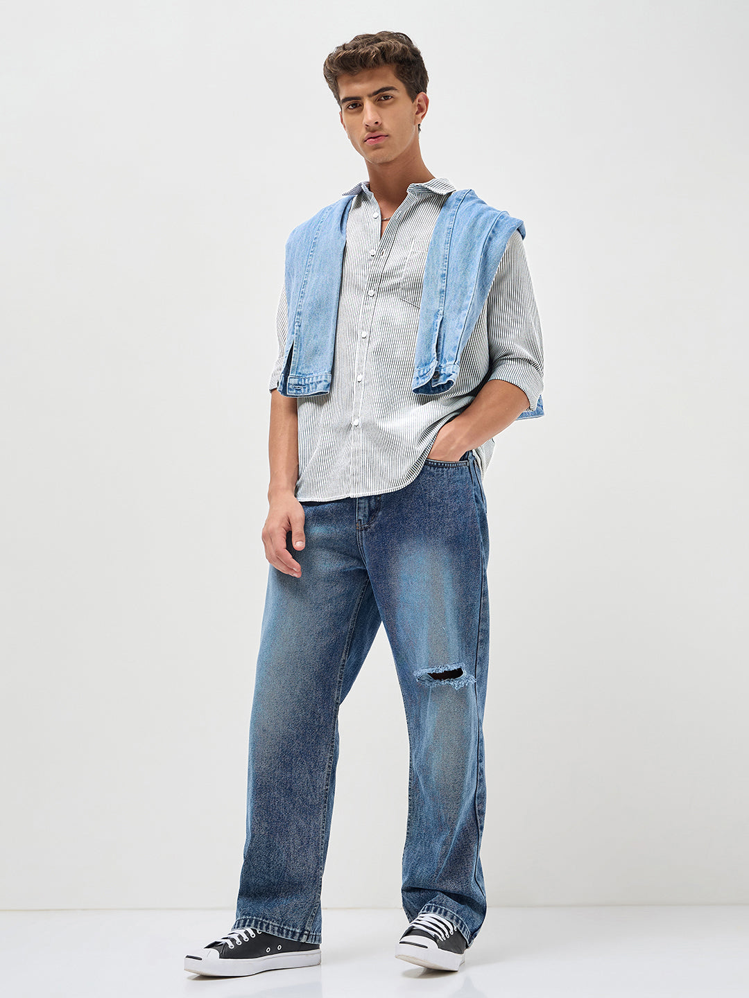 Men's Light Grey Cotton Full Sleeve Regular Fit Casual Striped Shirt