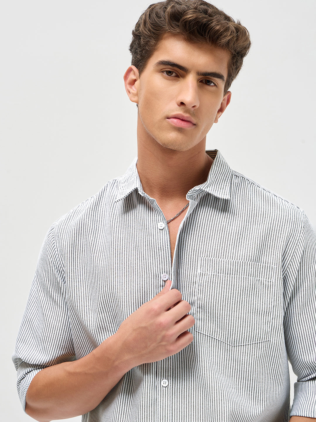 Men's Light Grey Cotton Full Sleeve Regular Fit Casual Striped Shirt