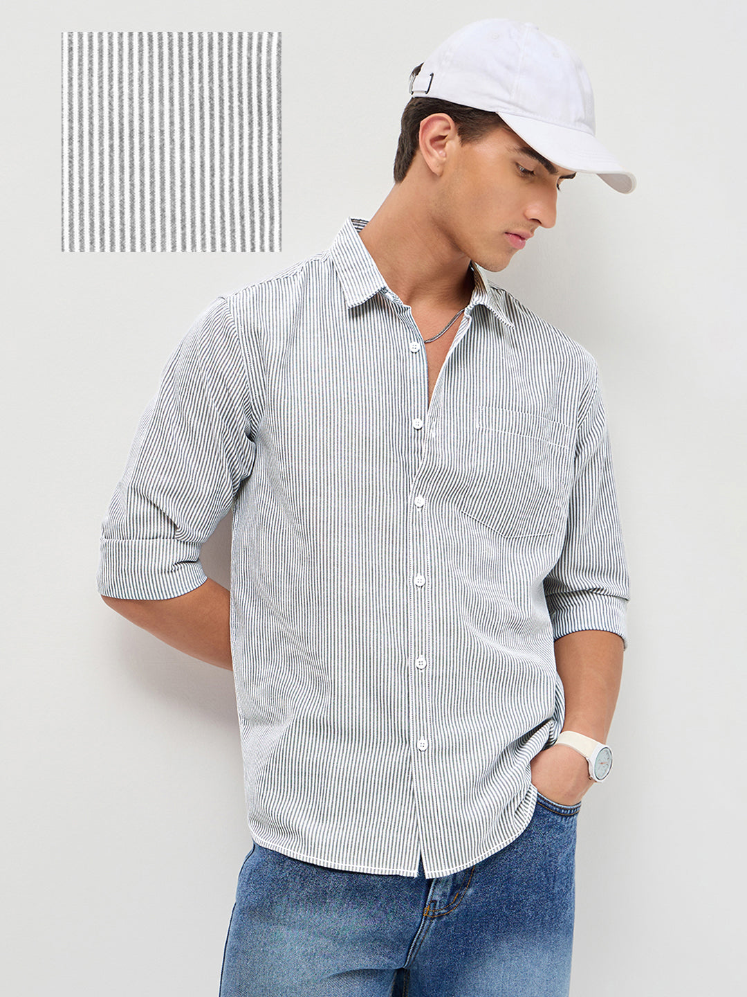 Men's Light Grey Cotton Full Sleeve Regular Fit Casual Striped Shirt