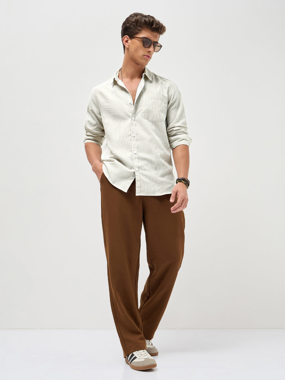 Men's Light Olive Cotton Full Sleeve Regular Fit Casual Striped Shirt